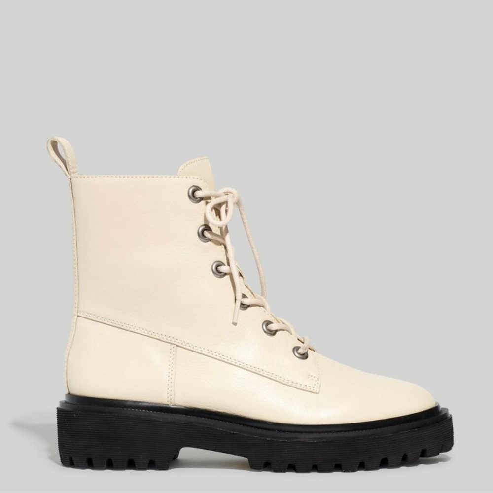 New Madewell Rayna Lace-Up off white cream Leather Lug Sole Boots Shoes US 8